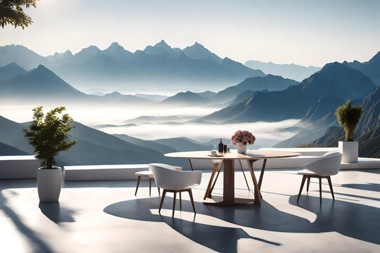 Render an image showcasing a sleek, modern table and chairs positioned on a spacious, open terrace, offering a panoramic view of a majestic mountain range in the distance, with the soft morning mist a