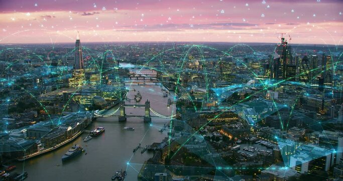 
Magnificent Aerial Vision of London City at Dusk. Smart City Connected through Bright Arches and Lines. Augmented Reality Elements. Famous Bridges and Skyscrapers.