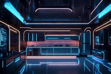  Retro-futuristic kitchen with a space-age design, metallic surfaces, and neon accents.