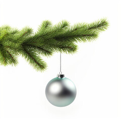 christmas tree branch, Christmas ball hanging on a branch, white background. Created using generative AI tools