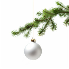 christmas tree branch, Christmas ball hanging on a branch, white background. Created using generative AI tools