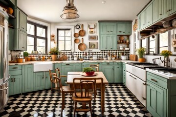 Vintage kitchen with retro appliances, checkered floors, and a farmhouse sink.