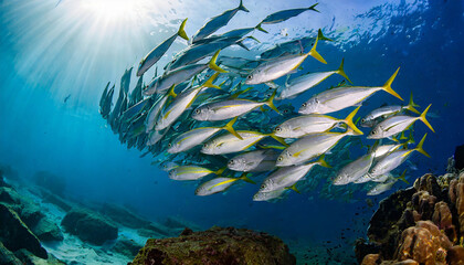 Underwater view of a school of yellowfin trevally fish. A large school of Trevally in a deep blue tropical ocean