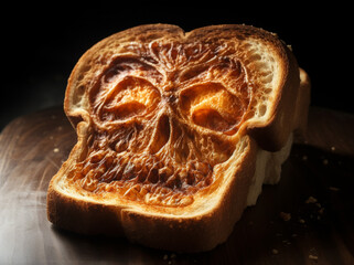 on a slice of toast a burned outline of a skull