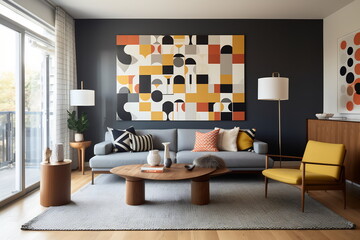 Stylish interior with beautiful abstract painting with geometric shapes in vivid colors