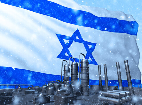 black factory in front of flag Israel at winter