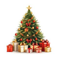 Christmas lighting tree with gifts box and Christmas tree White background.