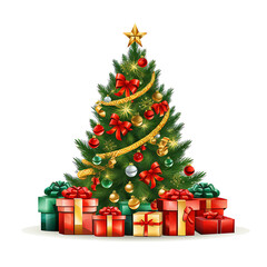Christmas lighting tree with gifts box and Christmas tree White background.