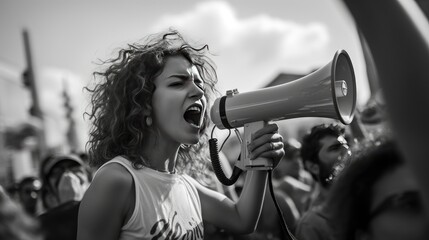Young woman at a protest with a megaphone - obrazy, fototapety, plakaty
