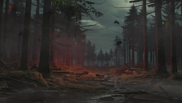 Trees in the scary dark forest in cartoon or anime illustration style video background