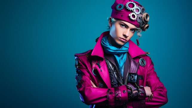 Colorful studio portrait of a teenager boy with steampunk outfit and accessories. Bold, vibrant and minimalist. Generative AI