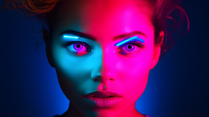Fototapeta premium Colorful studio portrait of an attractive young woman laughing happily. Bold, vibrant and minimalist. Generative AI