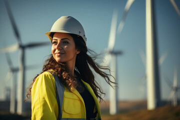 Black female Wind Turbine Technician is working on wind turbine farm. - obrazy, fototapety, plakaty