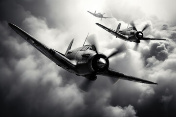 muted noir noire black and white cloudscape with WWII airplanes in flight. Bombers attacking. In flight. The Pacific Island Hopping Campaign. epic air force battle. old war photography. Sepia - obrazy, fototapety, plakaty