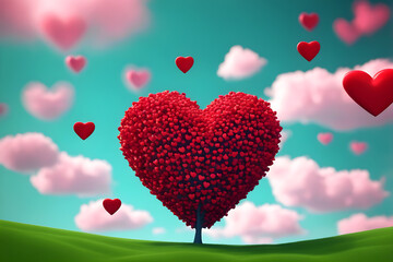 Heart tree. Red heart shaped tree on green grass hill and blue sky background. Love. Valentines day 3D render with pink and red hearts - concept love, AI generated. 