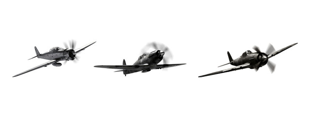 Black and white vintage retro airplanes of the second world war. Generic representation. Isolated transparent background. Propellers. Military attack. Bombers. 