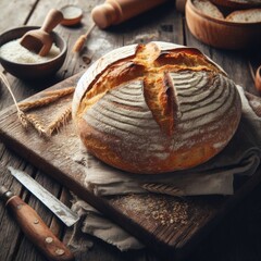 loaf of bread and wheat - obrazy, fototapety, plakaty