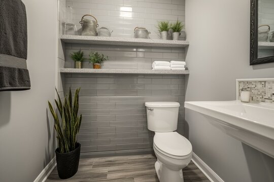 Renovated bathroom with grey subway tile shower, built-in shelf, toilet topped with a plant, and wall shelf. Generative AI
