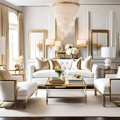  living room adorned with a color palette of white, beige, and gold.