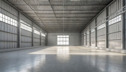 d rendering of an empty warehouse with a large blank wall. d rendering of large hangar building and concrete floor and open shutter door in perspective view for background