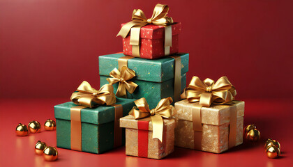Obraz premium Gift boxes with gold bows on red background. d rendering, a pile of presents with gold bows and bows on top of each other, with a red background 