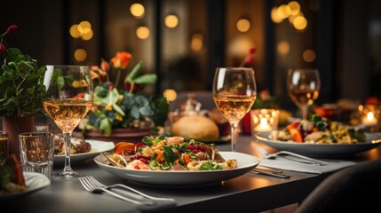 Beautifully set dining table with special decor. Vegetable salad and a glass of white wine.