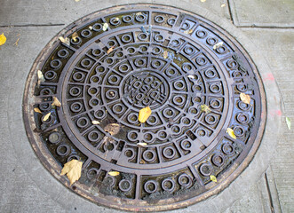 manhole in autumn streets