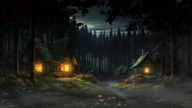 A traditional house, abandoned, cabin or hut in the woods at night in cartoon or anime illustration style video background