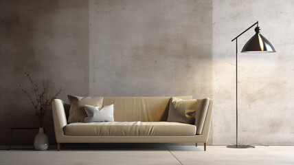 Minimalist living room sofa and lamp with neutral tones, modern beige furniture with warm light and shadow | Generative AI