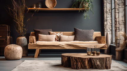 Rustic chic living room sofa with black wall, Live wood sofa furniture in modern interior | Generative AI