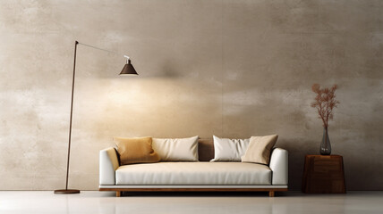 Stylish modern living room sofa and lamp with neutral tones, Luxury beige furniture with warm light | Generative AI