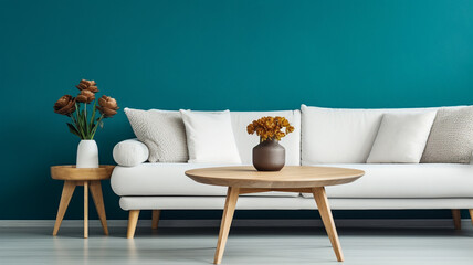 Modern living room sofa with teal walls and accent pillows, Stylish interior couch and table | Generative AI