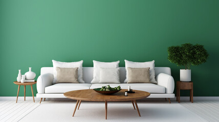 Modern living room white sofa with jade green wall, Stylish interior couch and table | Generative AI