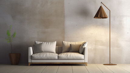 Minimalist living room sofa and lamp with neutral tones, modern beige furniture with warm light | Generative AI