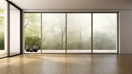 Modern contemporary empty room with sliding glass doors, Neutral tones and beige walls with natural light | Generative AI