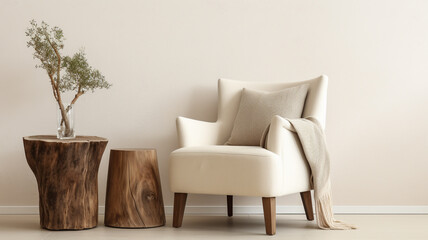 Beige chair and wooden table in minimalist living space, Nature inspired décor with neutral light tones | Generative AI