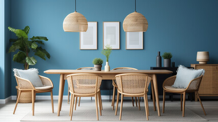 Modern dining room with wood furniture, Light blue wall with wooden table and chairs, Contemporary interior design | Generative AI