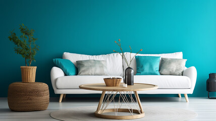 Modern living room sofa with teal walls and accent pillows, Stylish interior couch and table | Generative AI