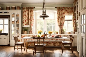 : Country kitchen with a cozy breakfast nook, floral curtains, and vintage decor.
