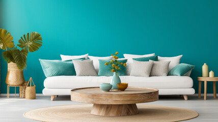 Modern living room sofa with teal walls and accent pillows, Stylish interior couch furnishings | Generative AI