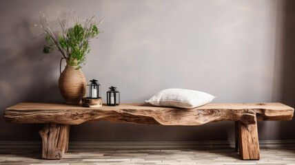 Elegant live wood bench with grey interior wall, Boho chic furniture design | Generative AI