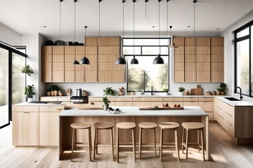 : Scandinavian kitchen with light wood cabinets, minimalist decor, and large windows.