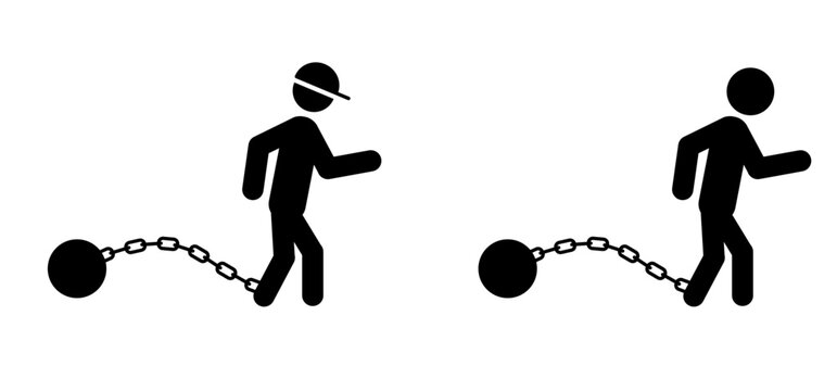 Cartoon deadline or slave iron. Stickman, people walks with a weight chained to his foot. Prisoner with ball on chain icon. Stick figure man logo. Convict sign. Shackle symbol. Chain and ball concept