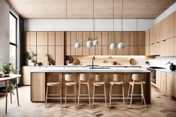 : Scandinavian kitchen with light wood cabinets, minimalist decor, and large windows.