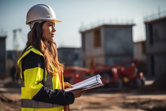 A civil engineer holding document in his hand looking forward to the construction site