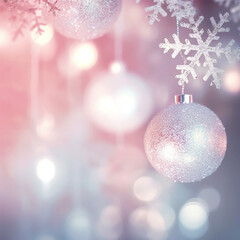 Fototapeta na wymiar Christmas Blurred Frozen Snowflakes and Baubles on Light Silver and Pink Bokeh Effect. Simple Winter Background with Snowy Ornaments