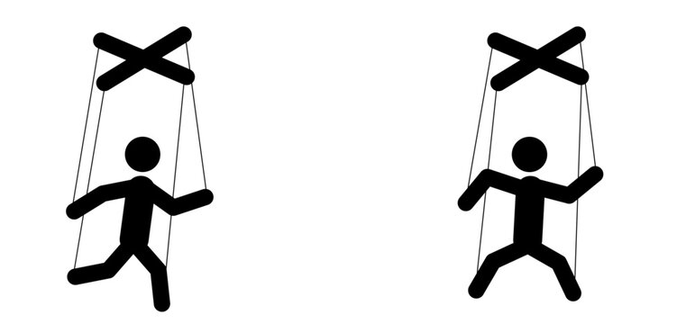 Cartoon stickman marionette controlled. Stick figure man, person puppet as a marionettes. Manipulation and influence playing concept. Play role with strings and wires. Hand manipulation concept.