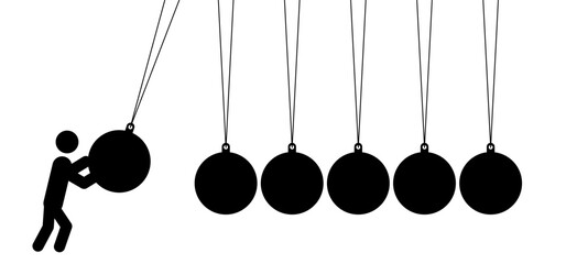 Newton's cradle, pendulum with swinging spheres or ball. Business, leadership, teamwork or communication concept. Hanging balancing balls of newtons cradle science. Balance, Hypnosis, newtons cradle.  - obrazy, fototapety, plakaty