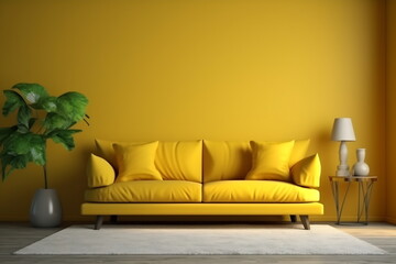 Interior view of an apartment, sitting room with yellow sofa and yellow wall