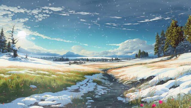 Change of seasons from summer to winter, cartoon or anime illustration style video background
